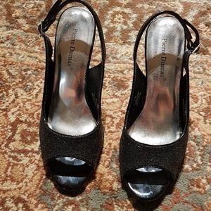 Pierre Dumas Sparkly Black Peeptoe Prom Wedding Party Gala Heels Size 7